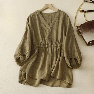 Spring or Summer Cotton or Linen V-neck Waist Five-point Sleeve Shirt Ladies's Loose or Thin All-match Cotton or Linen Blouse Trend