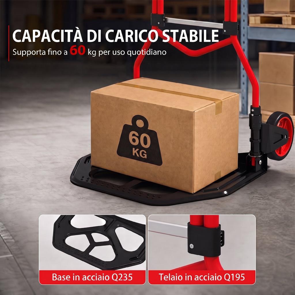 Luggage Cart with Telescopic Handle. Steel Frame. 60kg. Red