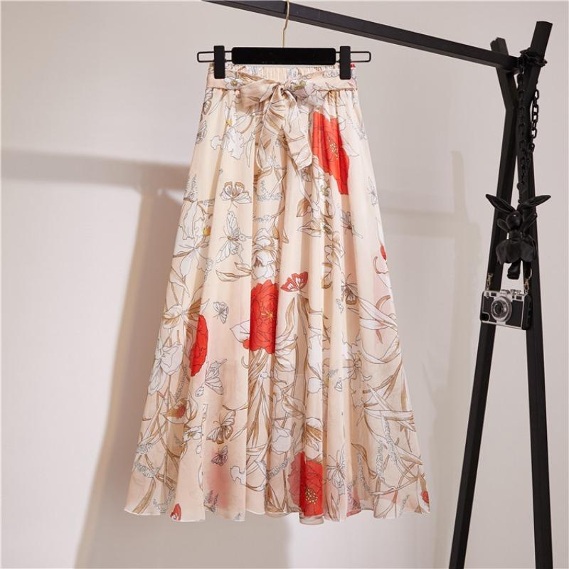 Bohemian Chiffon Half-length Dress for Spring and Summer Mid Length High Waist Fairy Floral Large Swing Skirt Beach Skirt