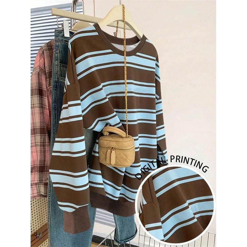 Womens Casual Striped Print Hoodie-Free Sweatshirt Loose Fit Round Neck Long Sleeve Top 2025