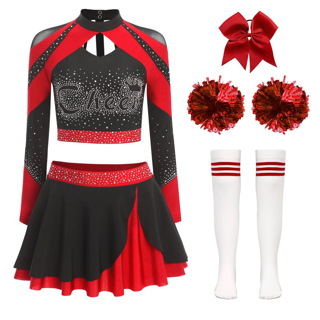 Uniforme Brillante da Cheerleading da Donna Manica Lunga Strass Crop Top Gonna da Pattinaggio