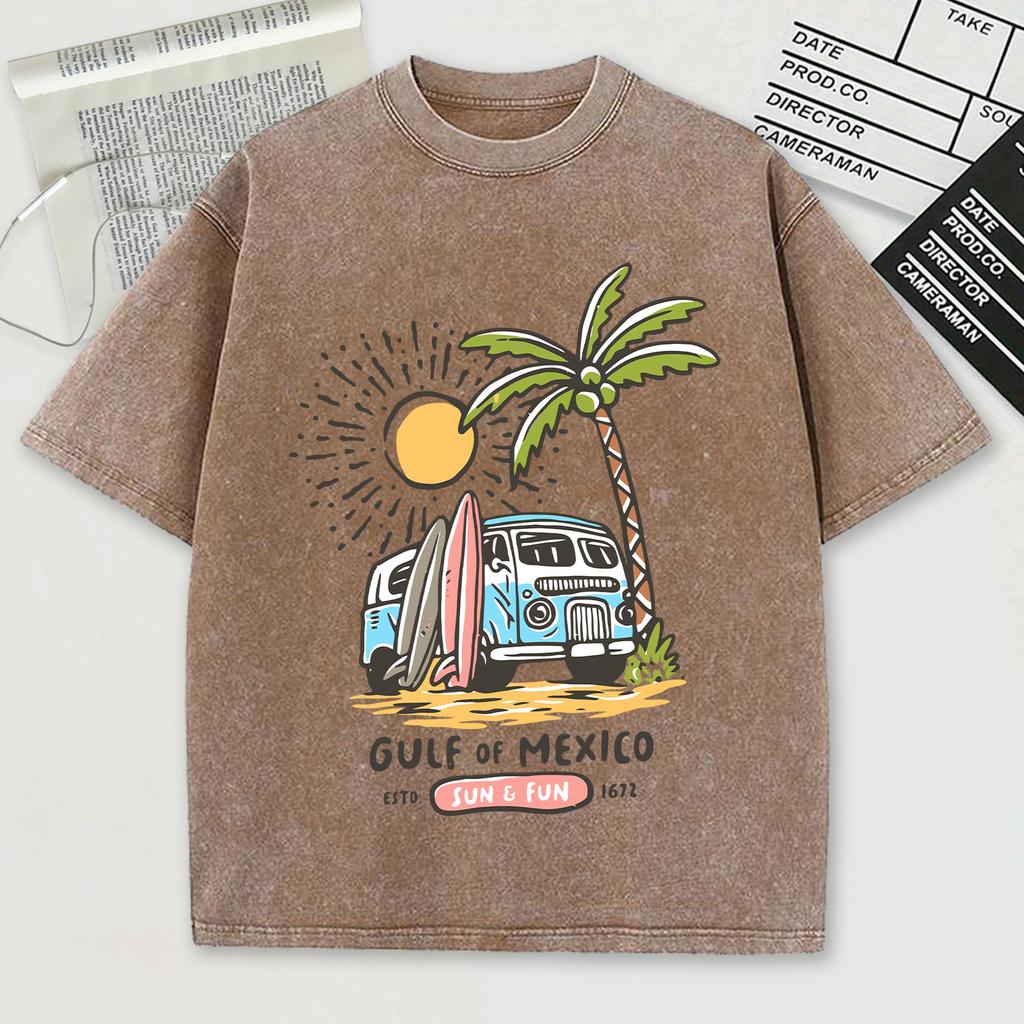 Gulf Of Mexico Estd Sun Fun Print Washed Men T-Shirt Summer Retro Cotton T Shirts Snow Wash Tee Loose O-Neck Streetwear