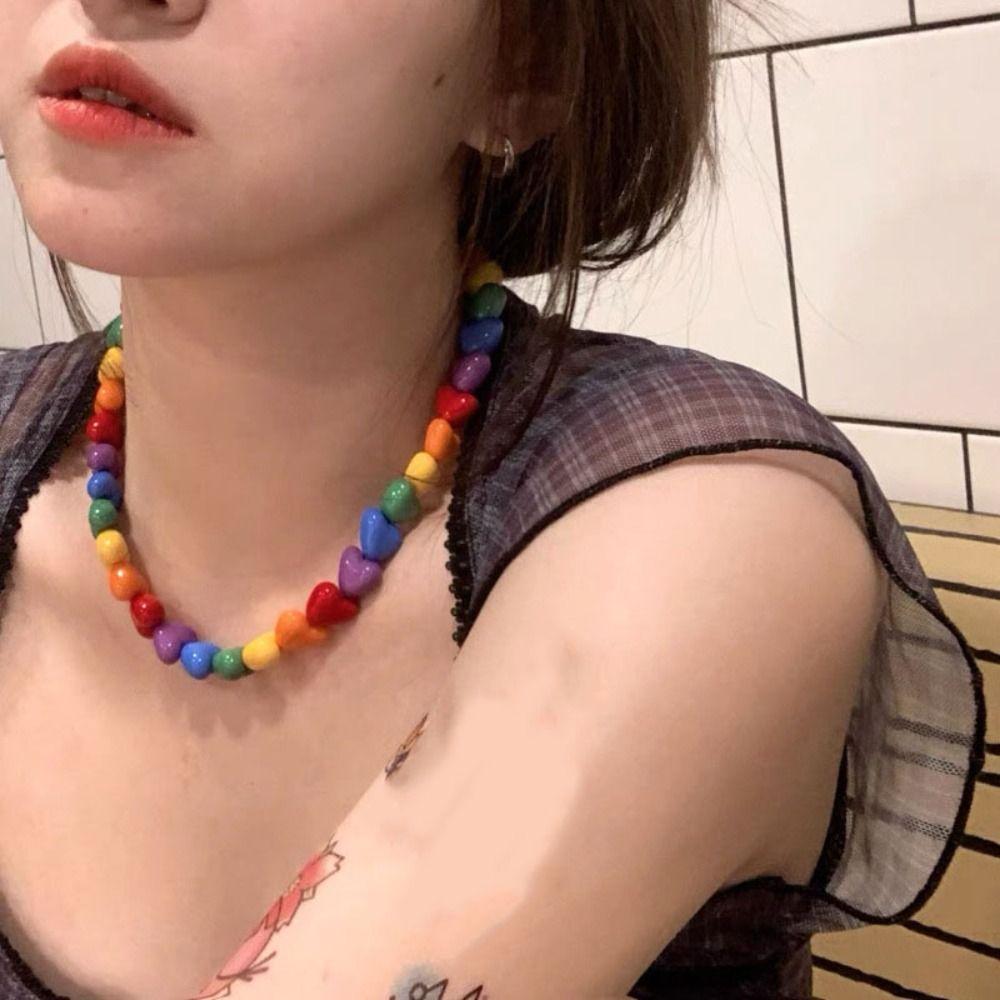 Adjustable Collarbone Chain Acrylic Love Heart Beaded Necklace Rainbow Necklace Party Supplies