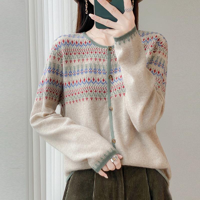 Crew Neck Retro Jacquard Mercerized 100 Wool Sweater Contrasting Cardigan Women'S Loose Long-Sleeved Cashmere Knitted Jacket Top