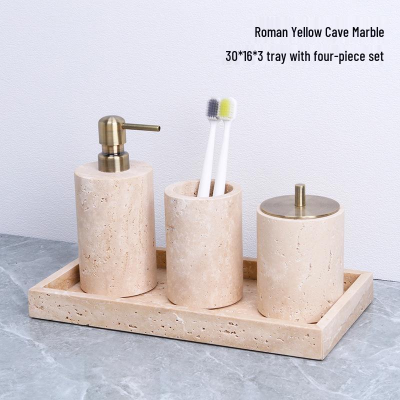 Badezimmerset aus gelbem Marmor im chinesischen Stil: Tablett, Aromatherapie-Ornament, Handseifenspender & Taschentuchbox.