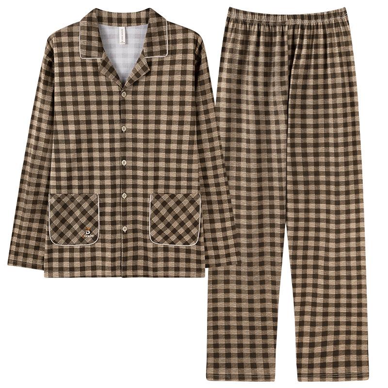 Pure Cotton Pajamas Men'S Loungewear Spring Suit Cardigan Long-Sleeved Plaid Can Be Worn Outside Spring And Autumn Styles