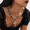 Gothic Dark Style Beaded Thorns Rivet Cross Necklace Women'S Punk Vintage Double Layer Chain Jewelry Accessory