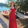 European and American New Pure Desire Red Straps Suspender Floral Dress Women's Waist and Thin Temperament Long Dress