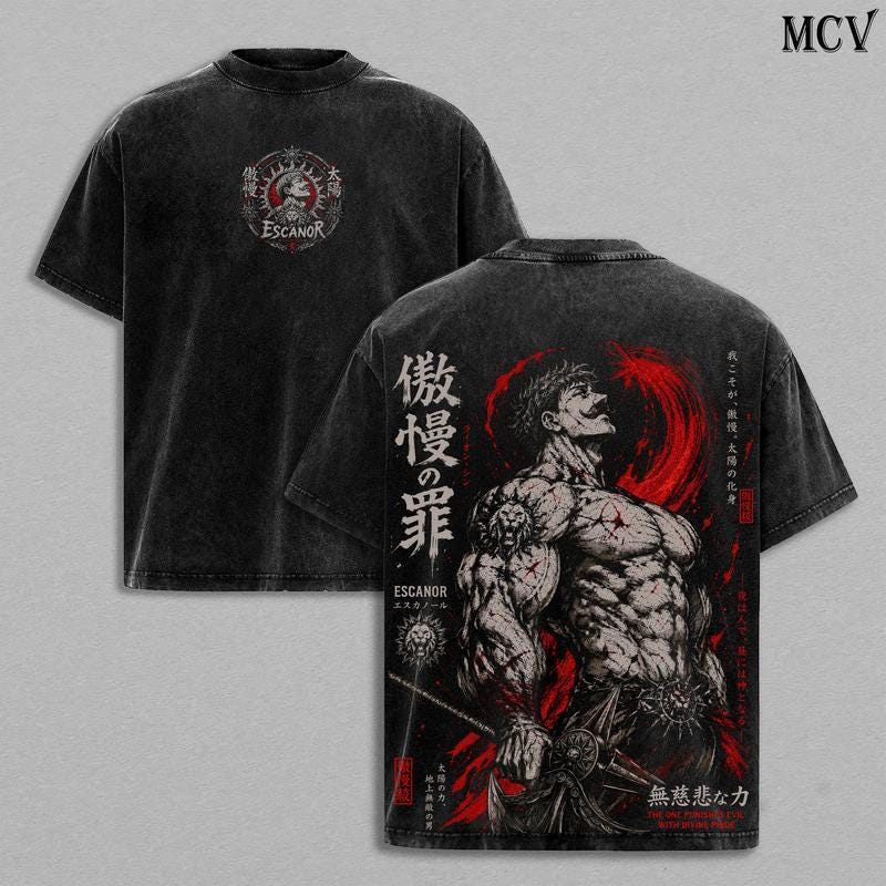 Seven Deadly Sins Escanor Oversized Graphic Tee, Vintage Washed Black Anime Streetwear
