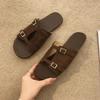Fashion Vintage Flat Slippers French Women Summer Round Toe Open-toe Metal Buckle Vacation New Soft-soled Seaside Sandals