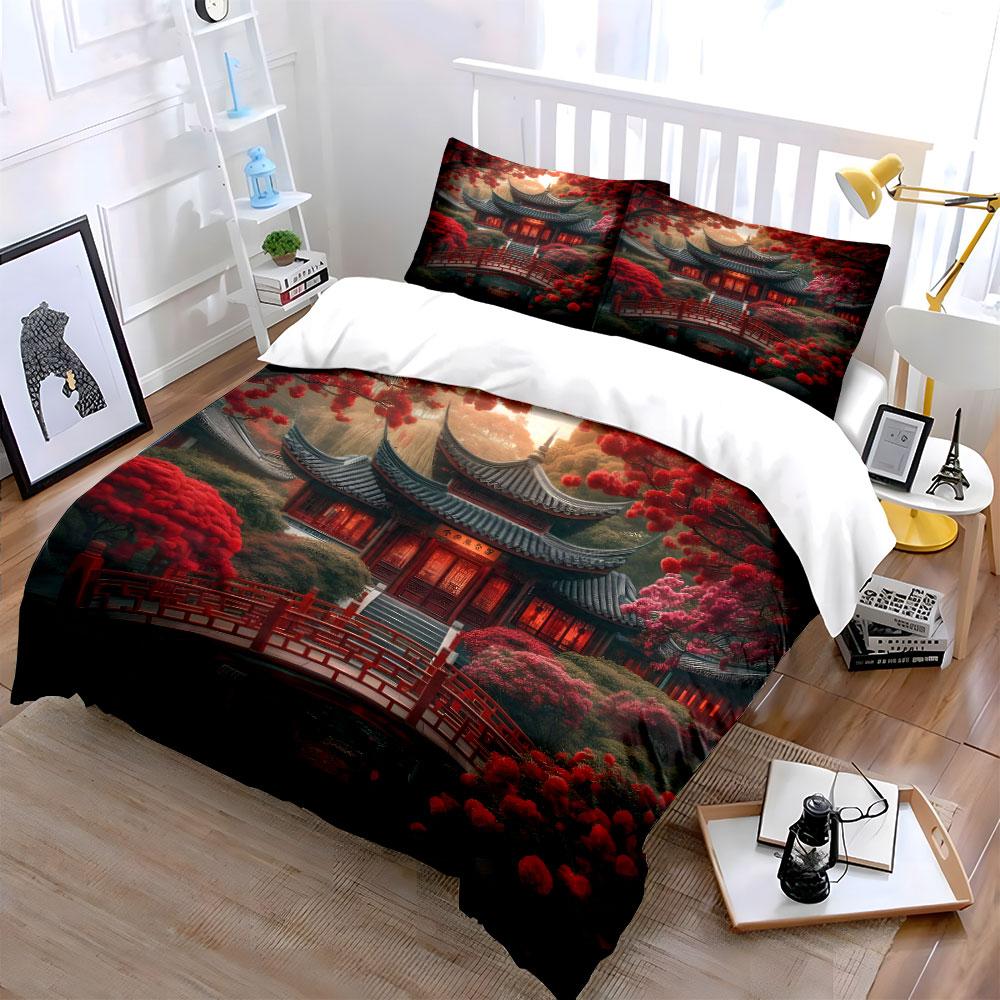 Classical Courtyard With Red Bridge Duvet Cover Set With 3D Printing Design Soft Polyester Bedding Set All-Season Comfort
