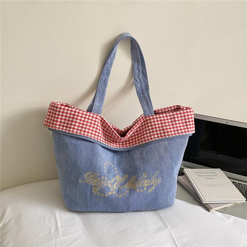 Women's Double-Sided Denim Bag Plaid Shoulder Tote Bag
