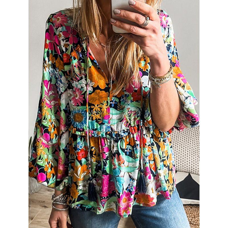 Early Spring New Arrival Florals Print Puff Sleeves Chiffon Shirt Women 2025 Fashion Fashion Color-Block V Neck Pullover Tops