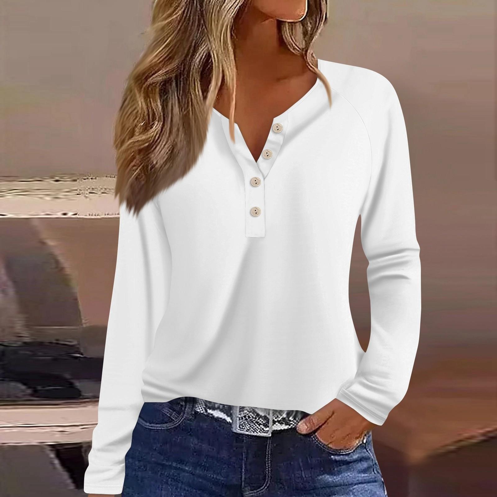 

Женская модная повседневная однотонная футболка с V-образным вырезом и длинным рукавом на пуговицах XXXL белый