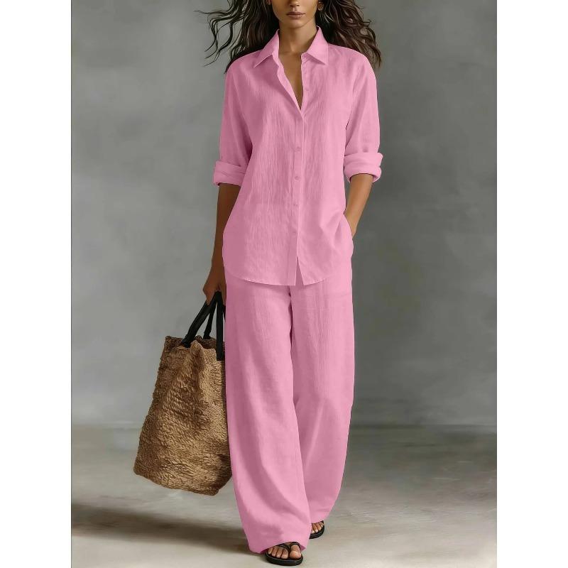 Fashion Linen Shirt Long Sleeved Women's Set Spring Autumn Loose Wide Leg Trousers Female Office Set