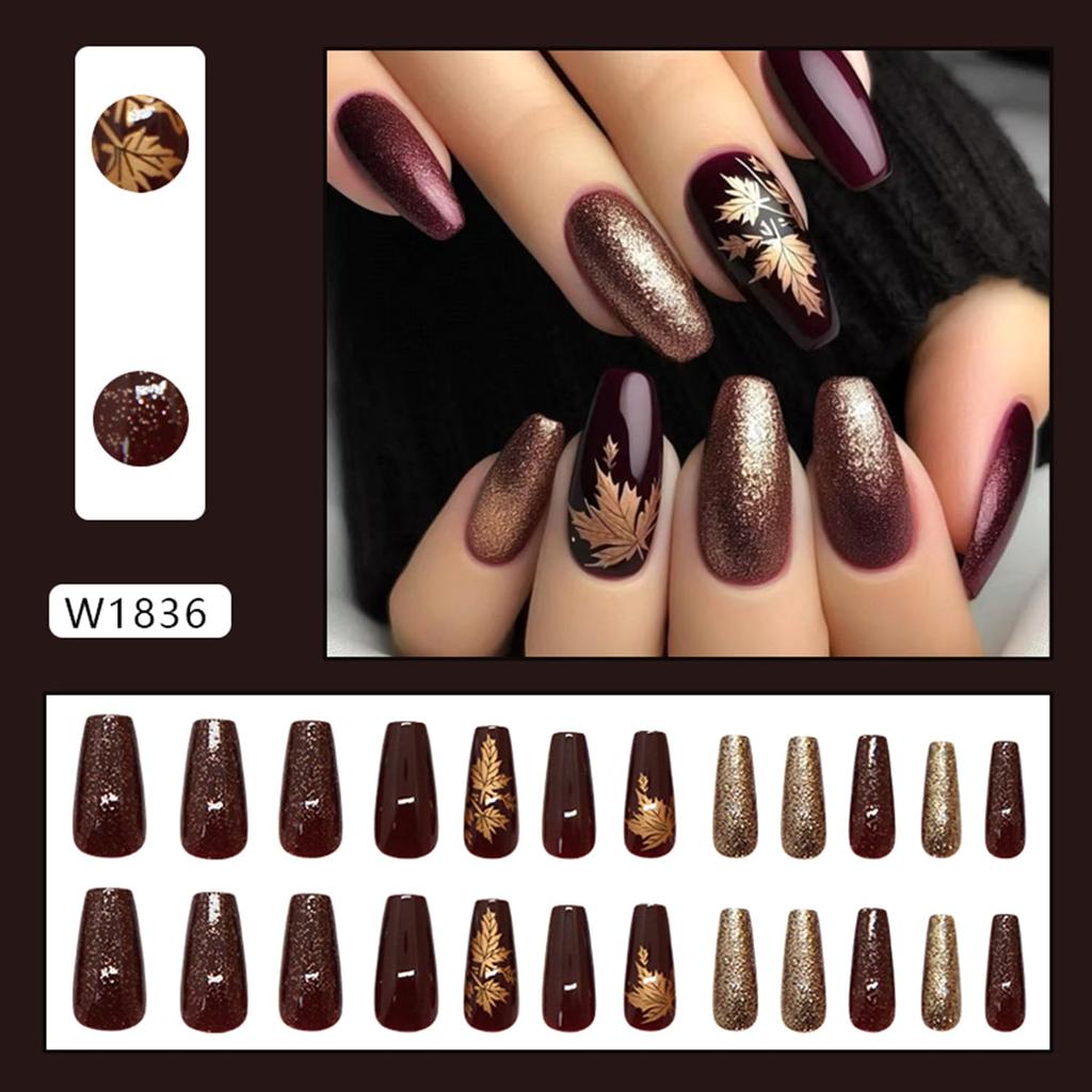 Fall Press on Nails Long Ballerina Coffin Nails Thanksgiving Maple Leaf Acrylic Glue on Nail Glossy Autumn Gold Maple Leaves Fake Nail for Women DIY