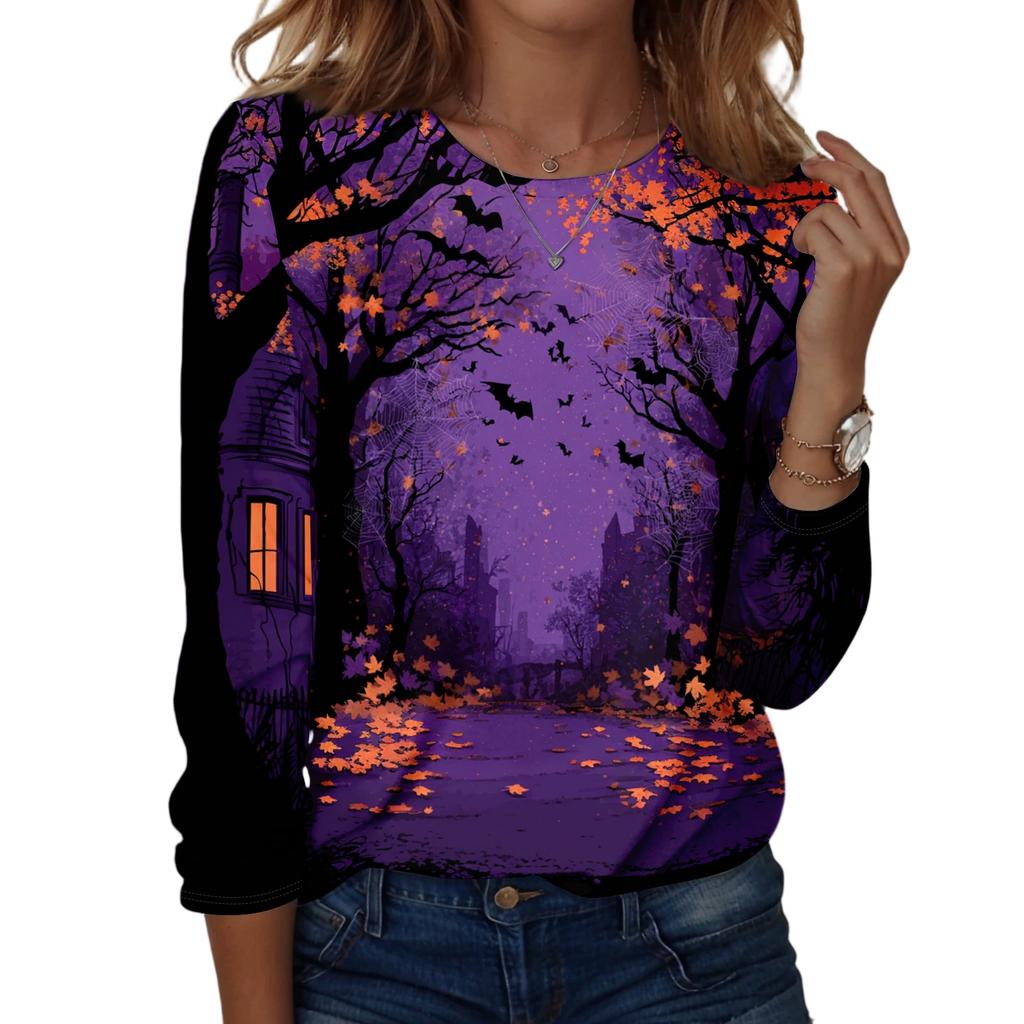 Women's Casual Long Sleeve Pullover Sweatshirt Halloween Pumpkin Print Round Neck Top Lightweight Comfortable Fit