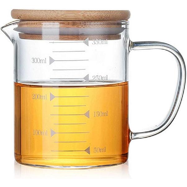 DayCount® Glass Beaker with Handle and Lid, Glass Measuring Cup with Hand Grip, Glass Measure Cup for Easy Visibility, Baking, Cooking, Pouring 350ML