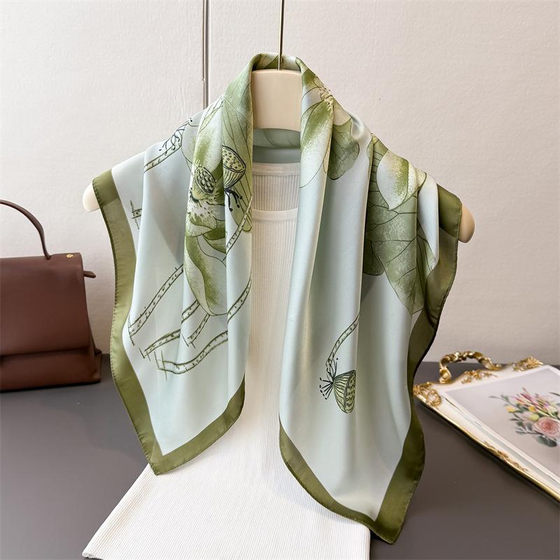 Fresh Lotus Printing Imitation Silk Scarf Square Scarf High-End Shawl Versatile Neck Small Square Scarf Headscarf