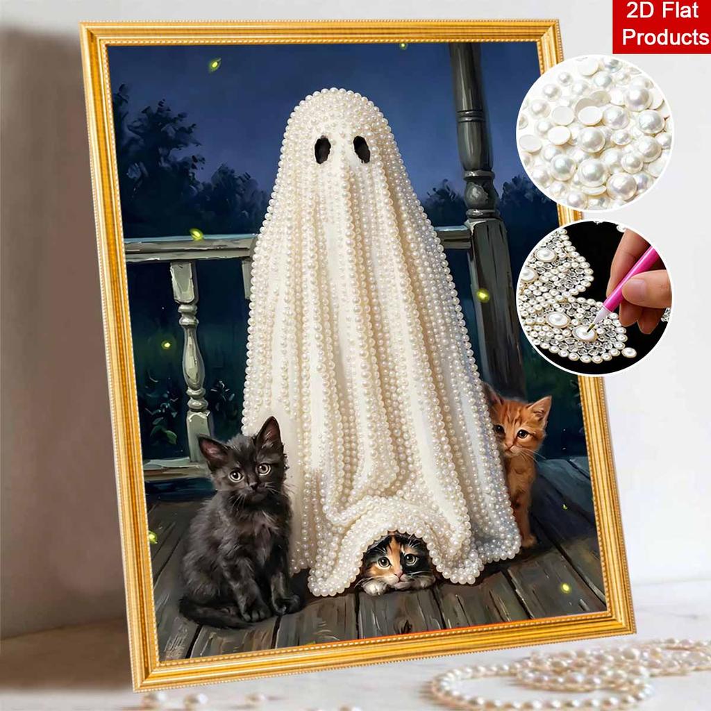 Halloween pearl painting handmade diy art white sheet cats night porch fireflies pearl home decoration painting