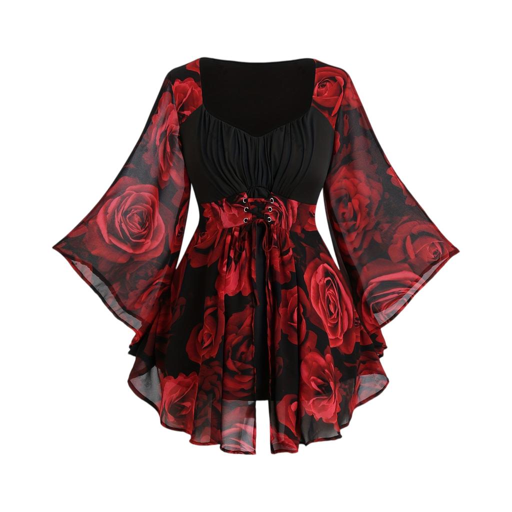 Fashion Plus Size Women's Rose Print Drawstring Irregular Sleeves Mid-length Tops For Women