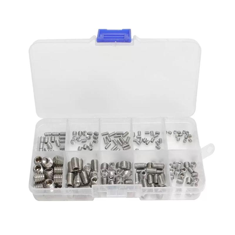 Stainless Steel Hex Socket Grub Screws 200pcs Set M3 M4 M5 M6 M8 With Cone Point Tapered End For Machinery