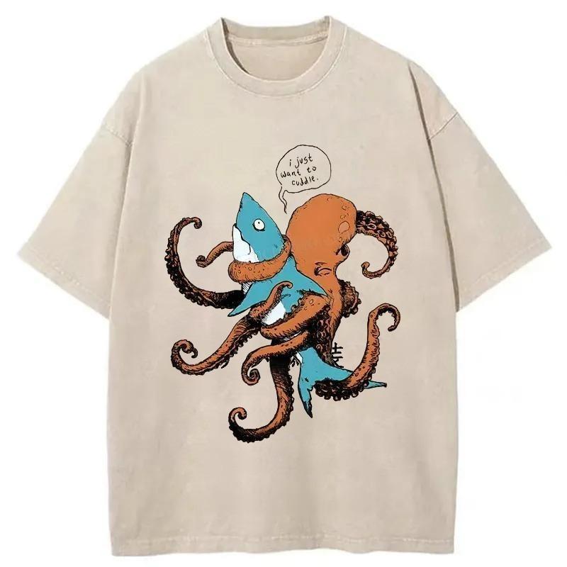 Japanese Style Y2K Hip hop Men's T-shirts Octopus Entangles Shark Washed T-Shirt Summer Retro Vintage Short Sleeve