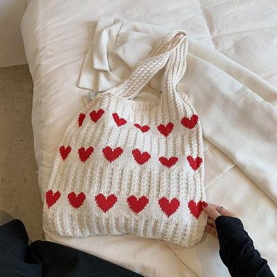 Love Heart Graphic Knitted Tote Bag  Woven Shoulder Bag Aesthetic Crochet Bag For Women