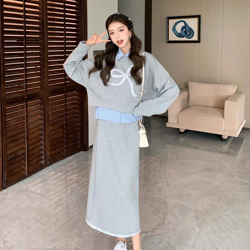 2024 Autumn & Winter Korean-Style Casual Sweater, Skirt & Shirt Three-Piece Set for Women