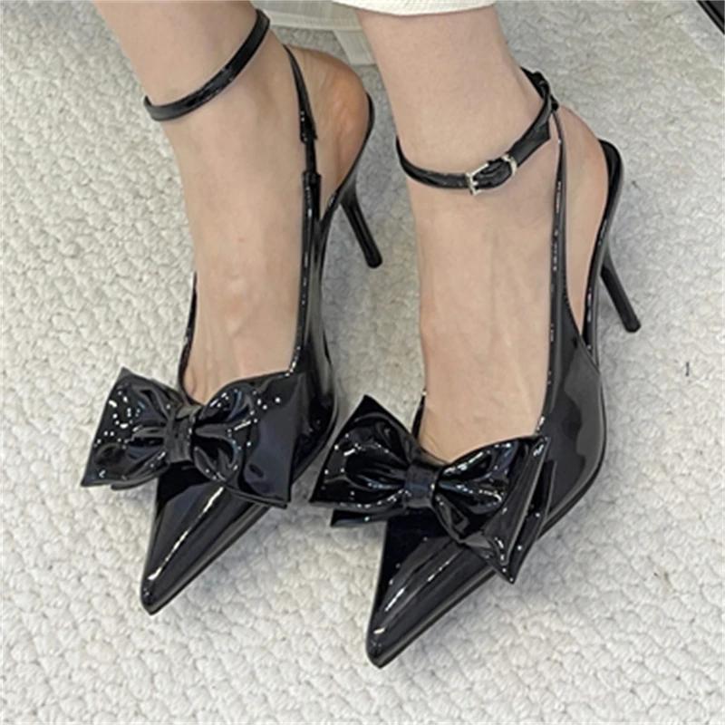Spring Sexy Butterfly-knot Slingbacks Ankle Buckle Strap Woman Pumps Sandals Pointed Toe Thin Heels Party Prom Shoes