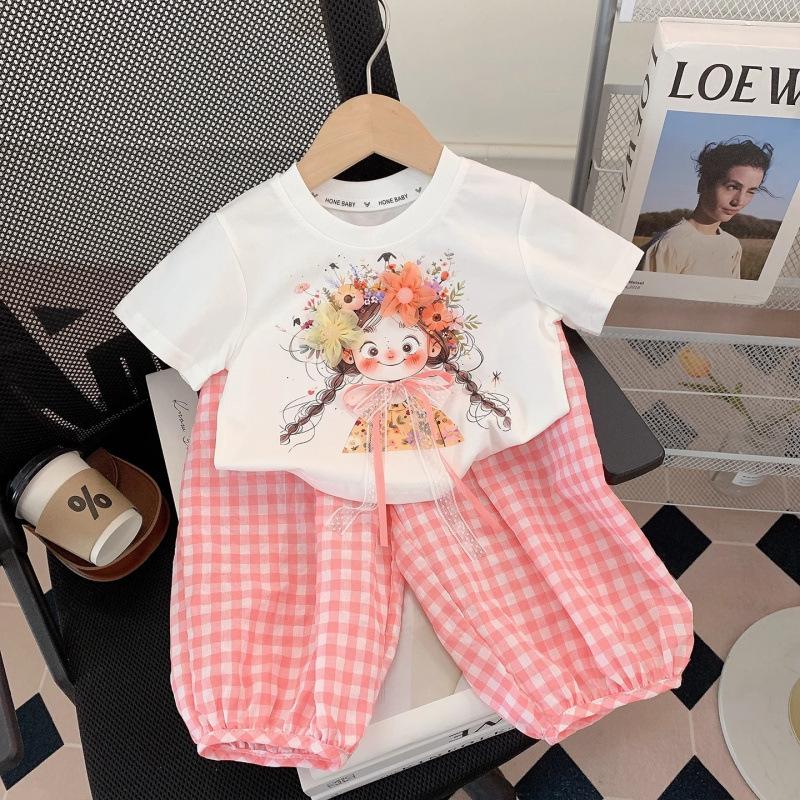 Girls Summer Casual 2 Piece Set Short Sleeve T Shirt And Plaid Pants Kids Sportswear Outfit