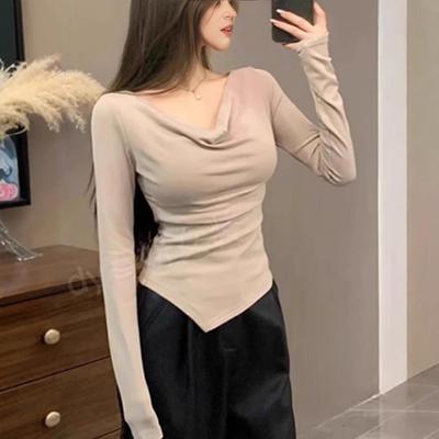 Long-sleeved Swing Collar T-shirt for Women In Autumn Winter Sexy Pure Desire Irregular Slim Fit Niche Chic Top with Bottoming