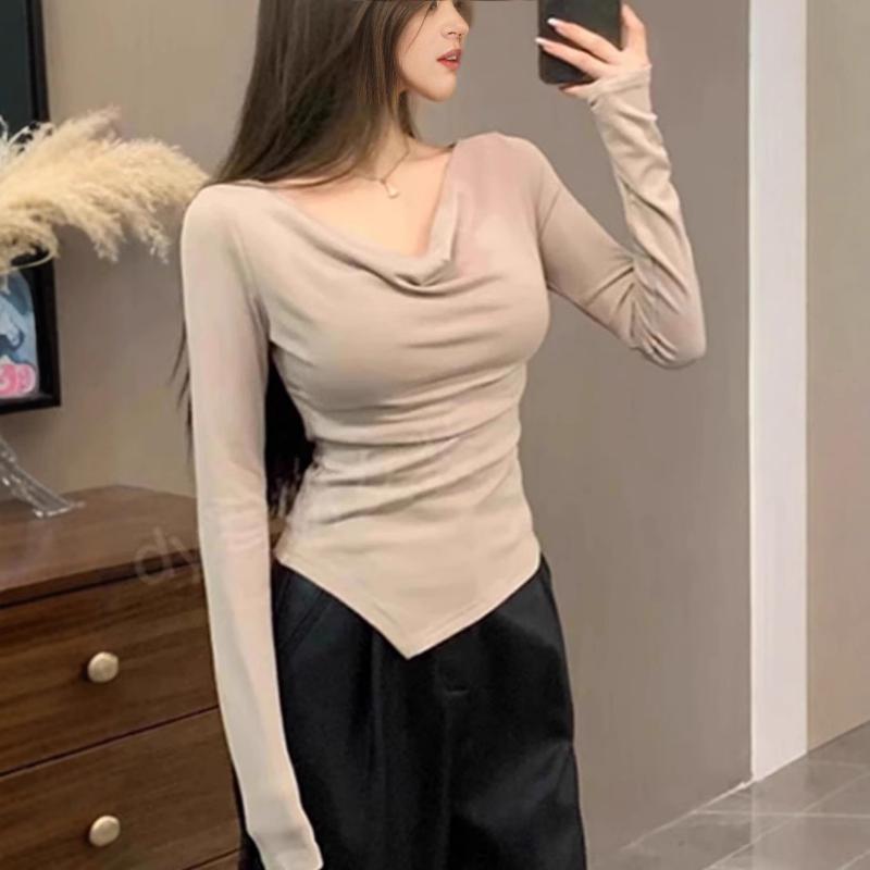 

Женская футболка с длинным рукавом и отложным воротником на осень-зиму, сексуальная, с чистым желанием, необычного кроя, облегающая, нишевая, шикарный топ с подкладкой XL дубильная кора