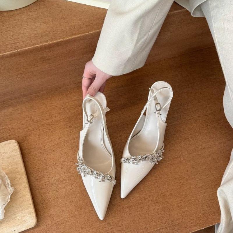 French Temperament High Heels Rhinestone Sandal Female Summer Pointed Satin White Wedding Shoes Bridesmaid Shoes
