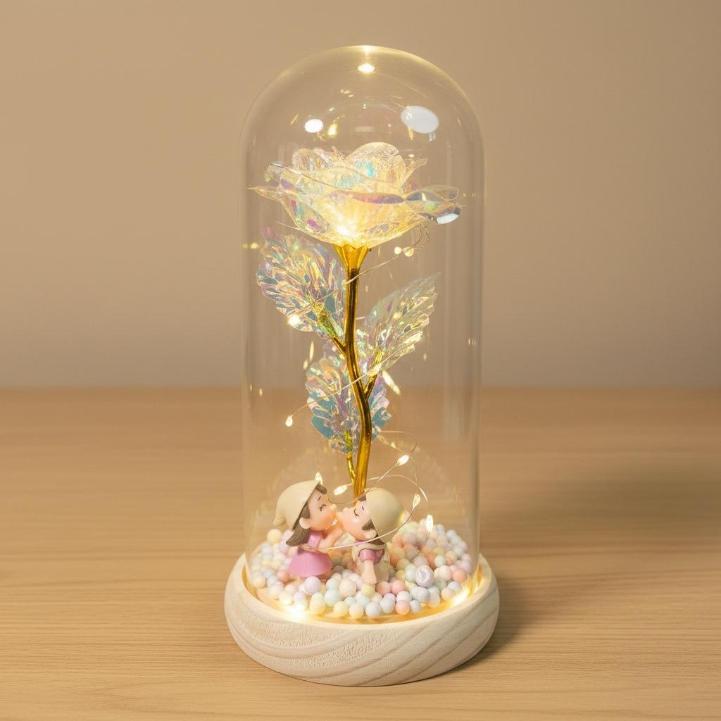 Couple Simulation Rose Eternal Flower Ornament Glass Cover Mother's Day Qixi Festival Valentine's Day Gift Night Light