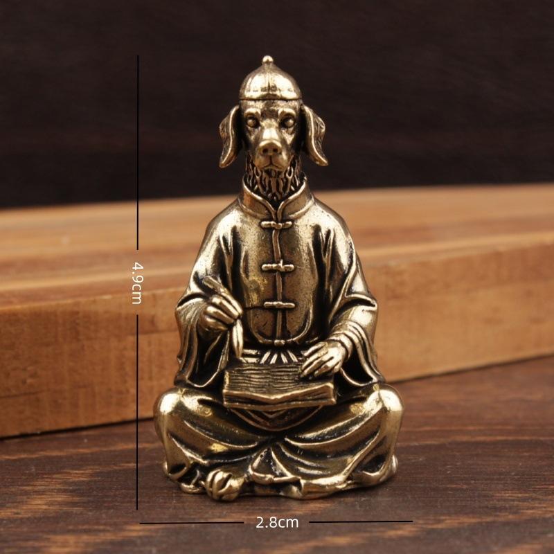 Retro Brass Calligraphy Dog Figurine Cute Mini Animal Statue Collectible Ornament for Desk Home Office Decor
