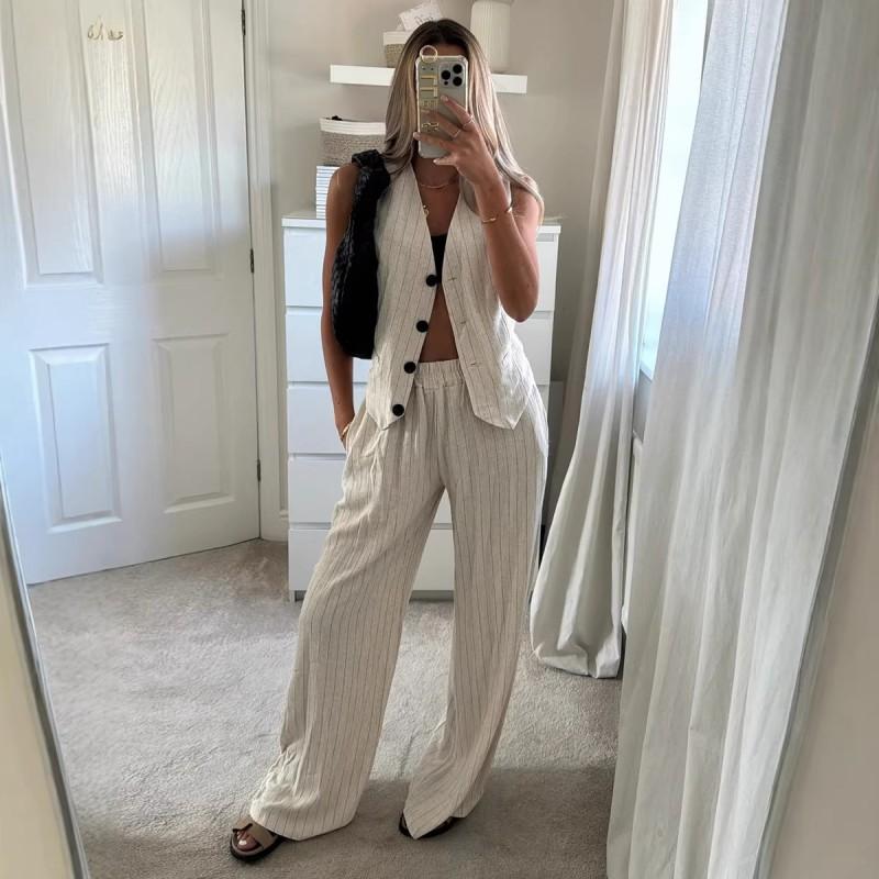 Womens Striped Vest Pants Set 2026 Casual Two-Piece Outfit Linen Viscose Blend