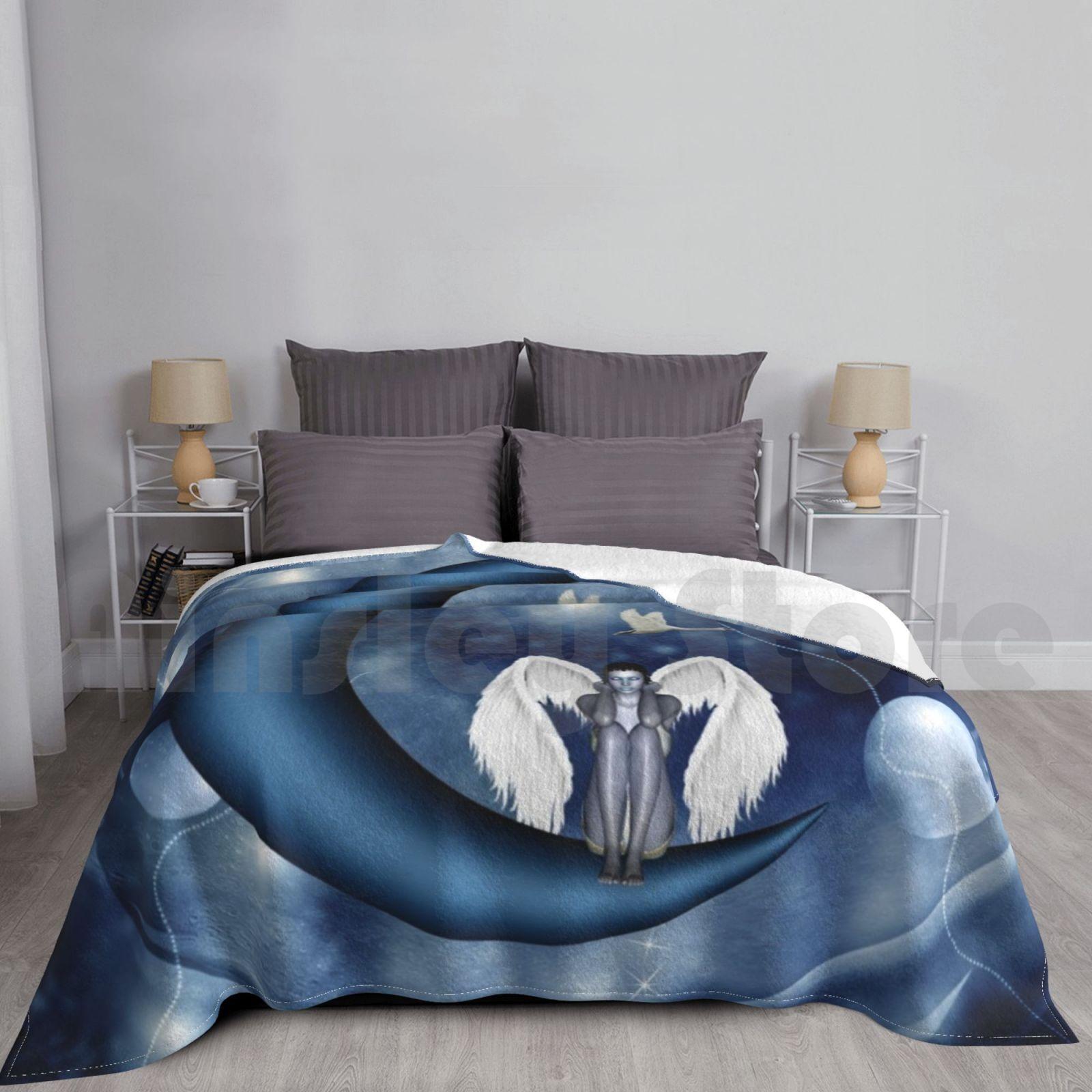 Beautiful Fairy Sitting On A Moon Blanket Fashion Custom Fairy Sitting Moon Night Fairytale Fantasy Womens Female Size: 75*100cm, Weight: 230 GSM
