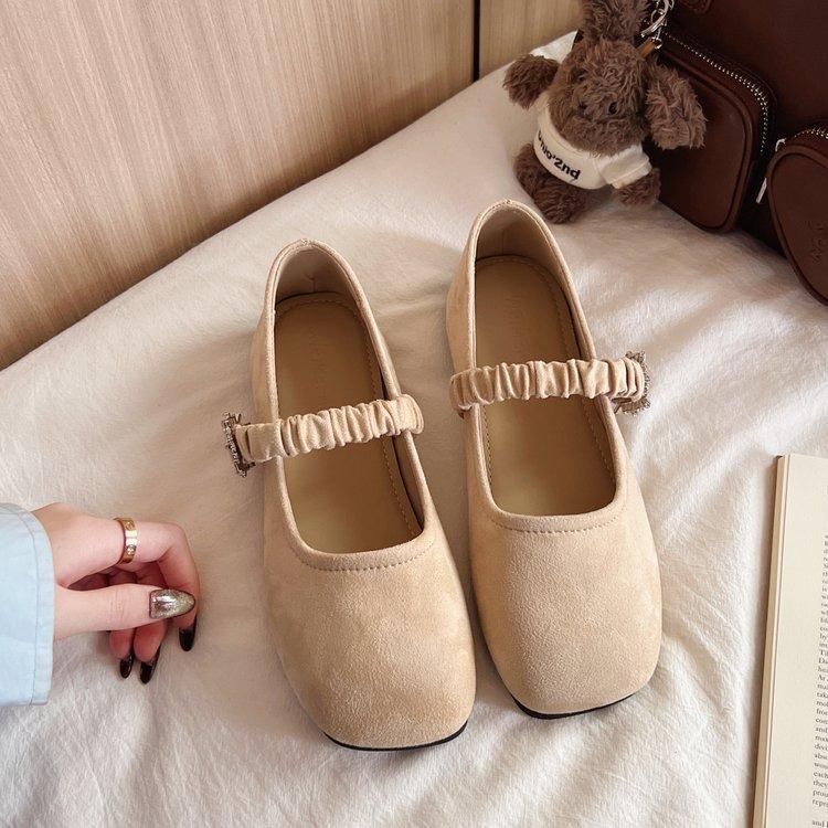 

French square head Mary Jane shoes women s suede flat-soled single shoes rhinestone buckle pleated belt with skirt temperament grandma shoes tide 40