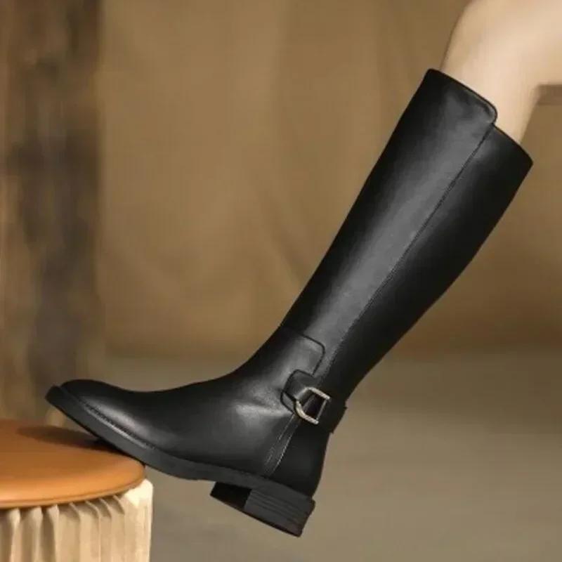 New Female Winter Leather Long Boots Trend Spring Autumn Knee High Boot Women Comfortable Low Heels Black Luxury Shoes