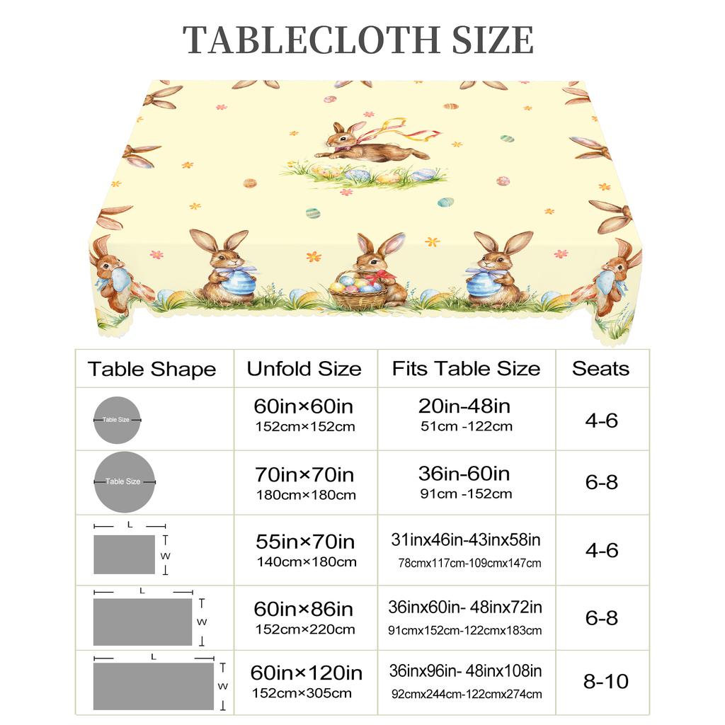 1 Față de masă rotundă de Paște, 5 Dimensiuni Disponibile, Față de masă pătrată drăguță cu imprimeu ou de iepuraș de Paște, Proces de gofrare pe margine, Față de masă decorativă de grădină de primăvară