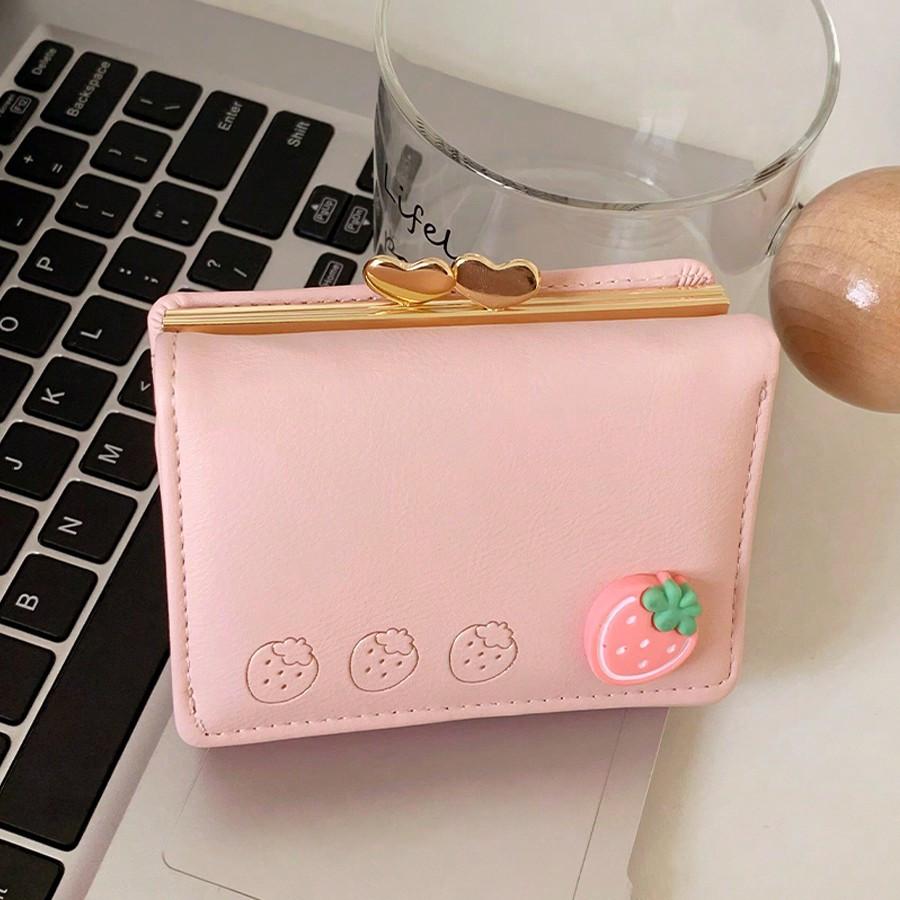 Cute Cartoon Fruit Printed Folding Women's Wallet Korean Style Pu Leather Coin With Clip Hot Pink For Women Wallet Purse Wallet Small Wallet
