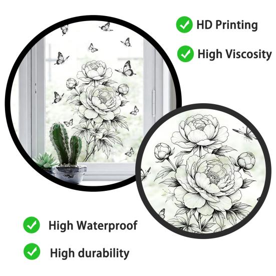 Large Peony Window Cling Sketch Style Flower Butterfly Window Decal Removable Static Glass Door Window Sticker for Bedroom Living Room Kitchen