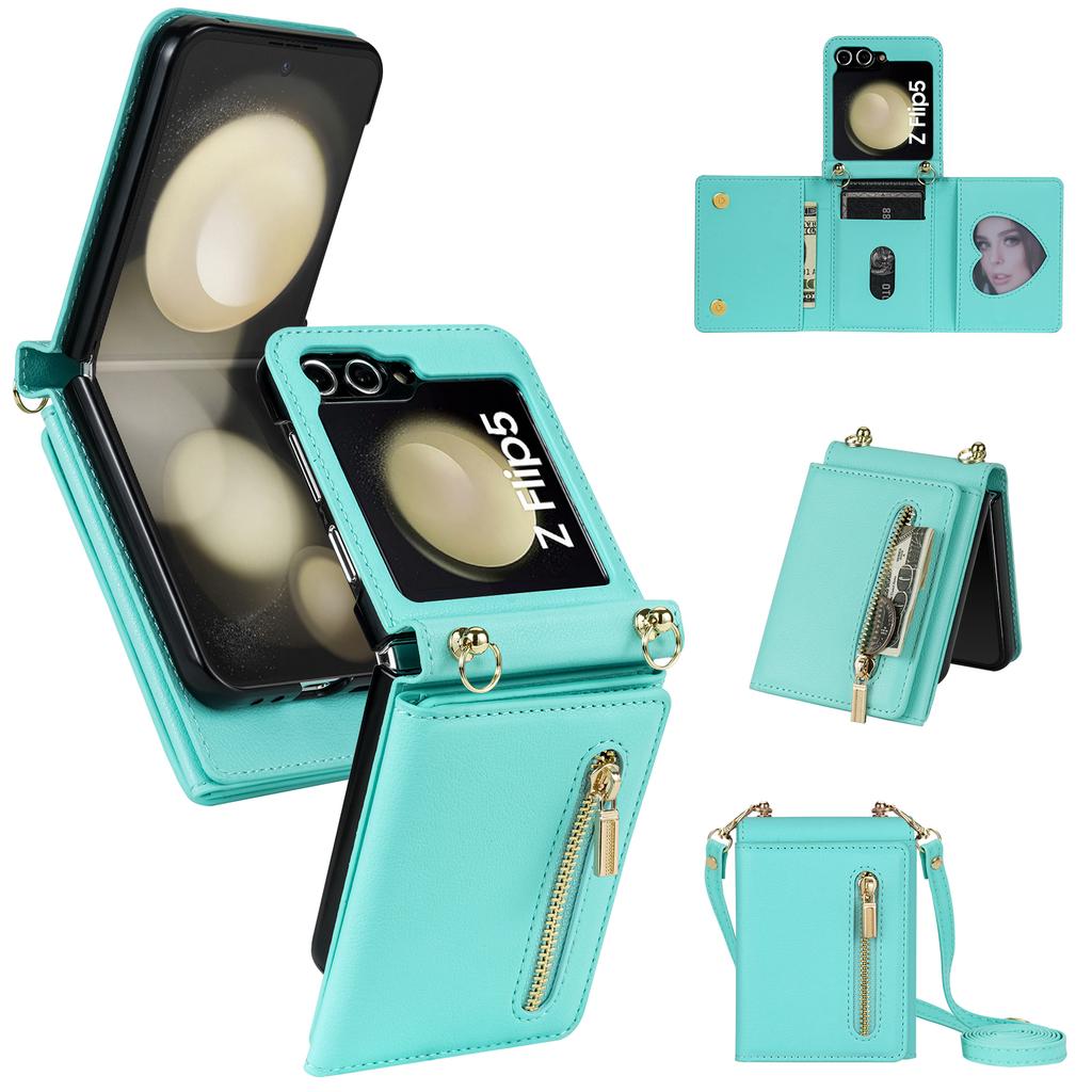 Crossbody Zipper Cards Solt Wallet Leather Case For Samsung Galaxy Z Flip 6 5 4 3 5G Flip6 Flip5 Triple Fold Pocket Purse Cover