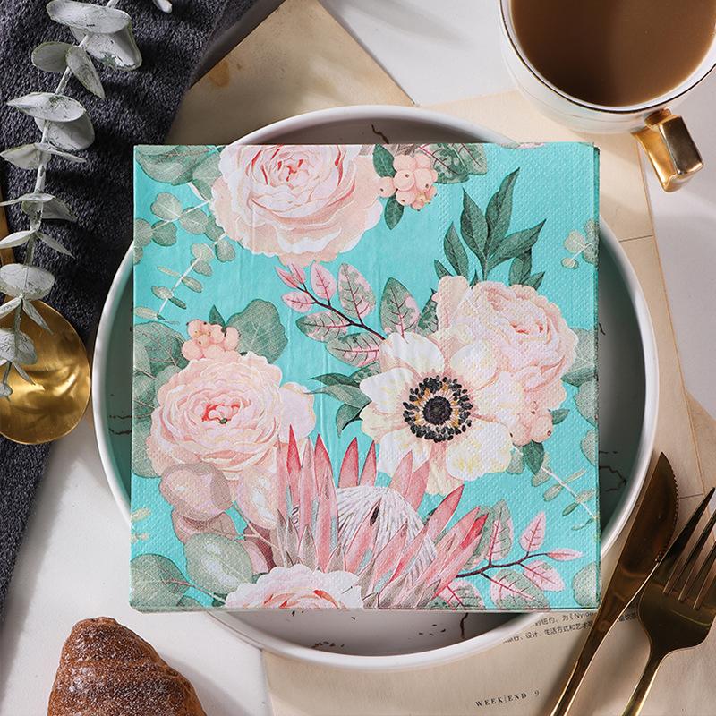 20pcs/pac 2-Ply New Blue Imperial Flower Printed Paper Napkins Colorful Wedding Party Hotel Paper Pure Wood Pulp Paper Placemats