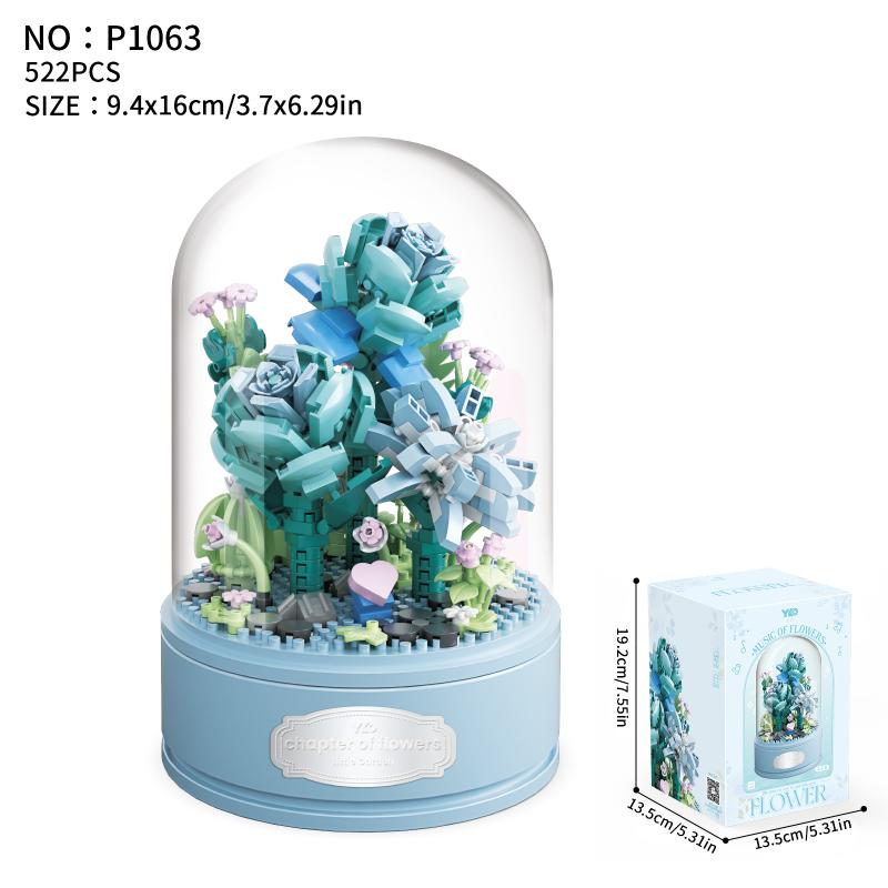 Flower Spinning Music Box Blue Sunflower Pink Creative Office Decoration Building Block DIY Toy Gift