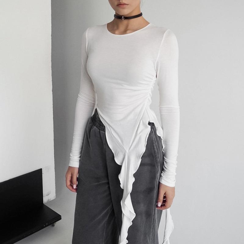 Damen Frühling und Sommer Neue Persönlichkeit Unregelmäßig Gestrickt Schlanke Damen T-Shirt Im Inneren Der Langen Ärmeln Bottoming Shirt