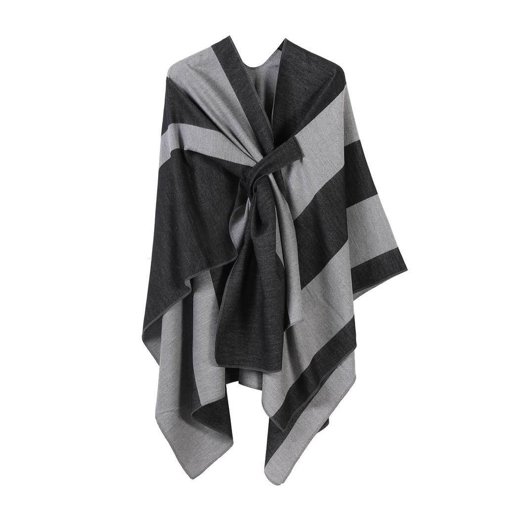 Women's European & American Double-Sided Solid Color Cape Shawl with Striped Edge