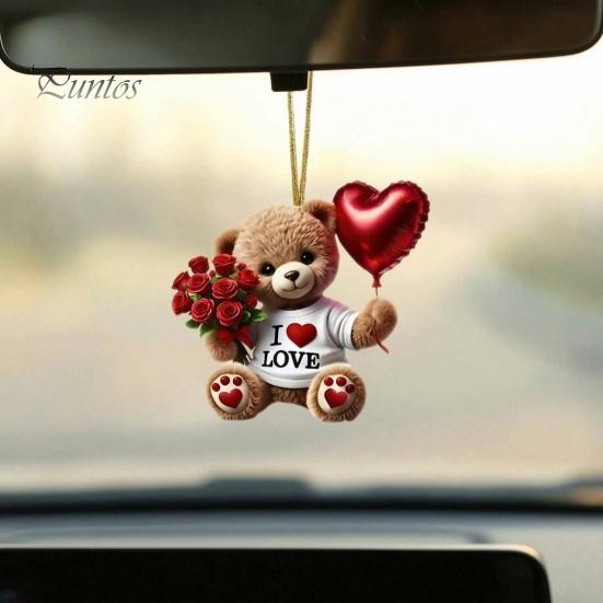 Vielseitiges Innenraum-Deko-Teddybär-Hängeornament, Mit Herzballon, Rote Rosenstrauß-Dekoration, Kleines romantisches Andenken für Auto-Rückspiegel