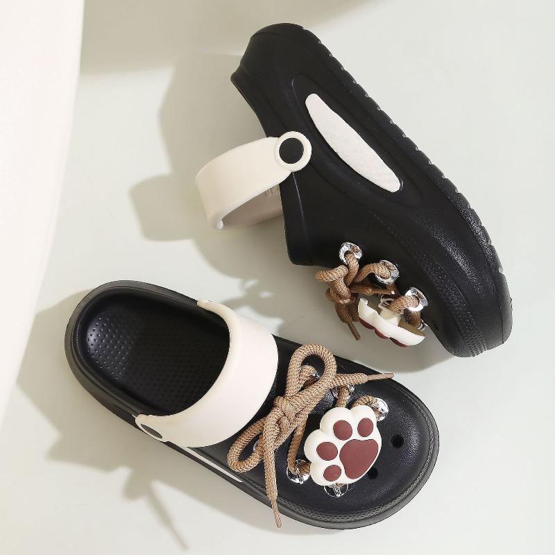 Fashion Women Summer Sandals Cute DIY Lace-up Paw Garden Shoes Girls Fashion Clogs Thick Sole 2 Way Wear Female Home Street Slippers